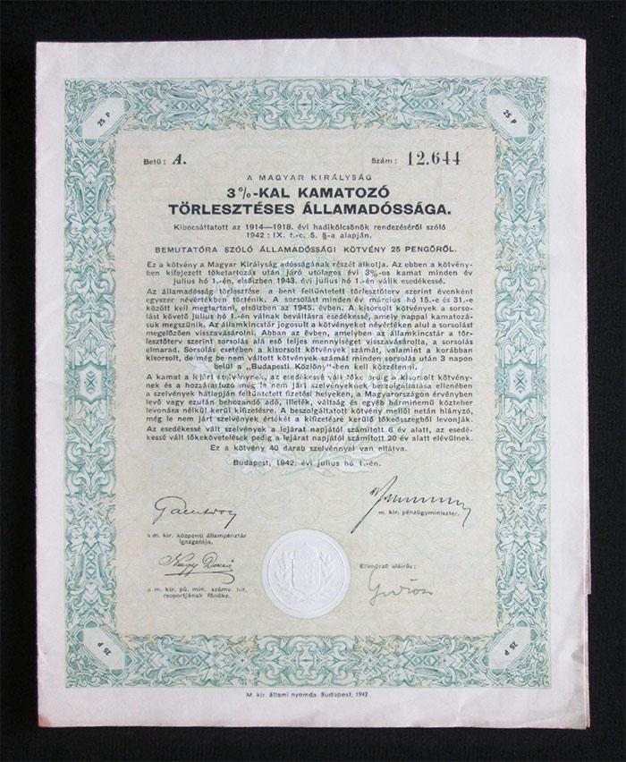 Államadóssági Kötvény Járadékkölcsön 25 pengõ 1942